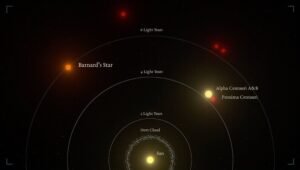 Graphic representation of the relative distances between the nearest stars and the Sun. Barnard’s star is the second closest star system to the Sun, and the nearest single star to us